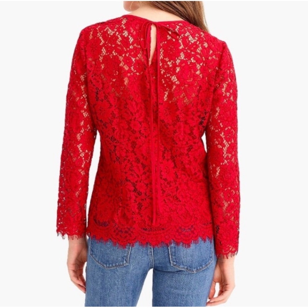 J.Crew Red Floral Lace Long Sleeve Tie Back Keyhole Top Size 0 - Picture 3 of 9